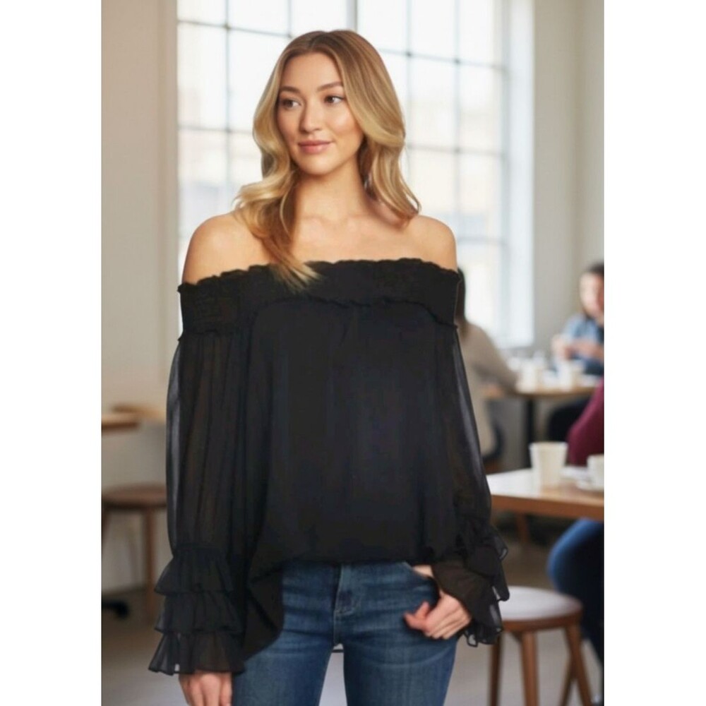 CeCe Women’s Smocked Off Shoulder Ruffle Top 3/4 Sleeve Rich Black Size M